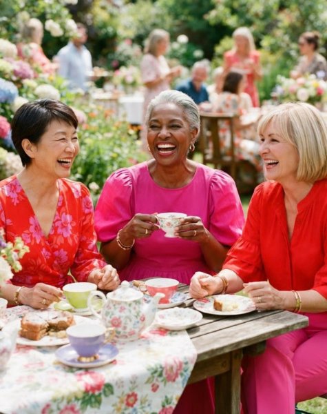 Aunts laughing together over tea