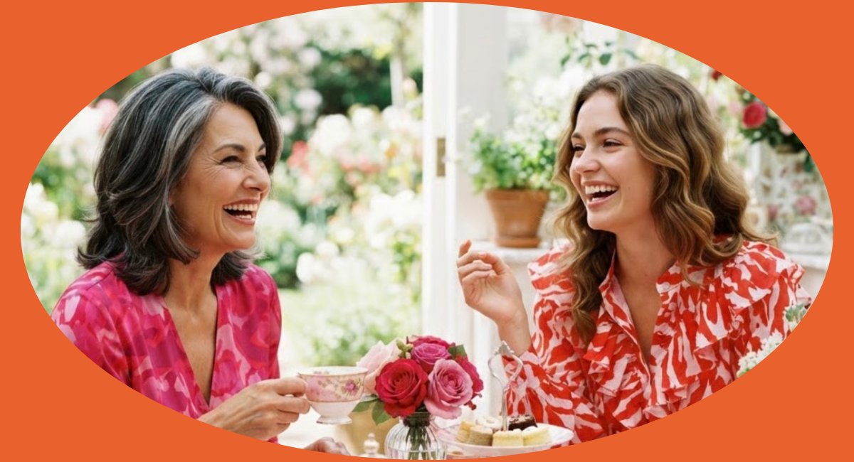 An Aunt and a Darling laughing together over tea in a garden