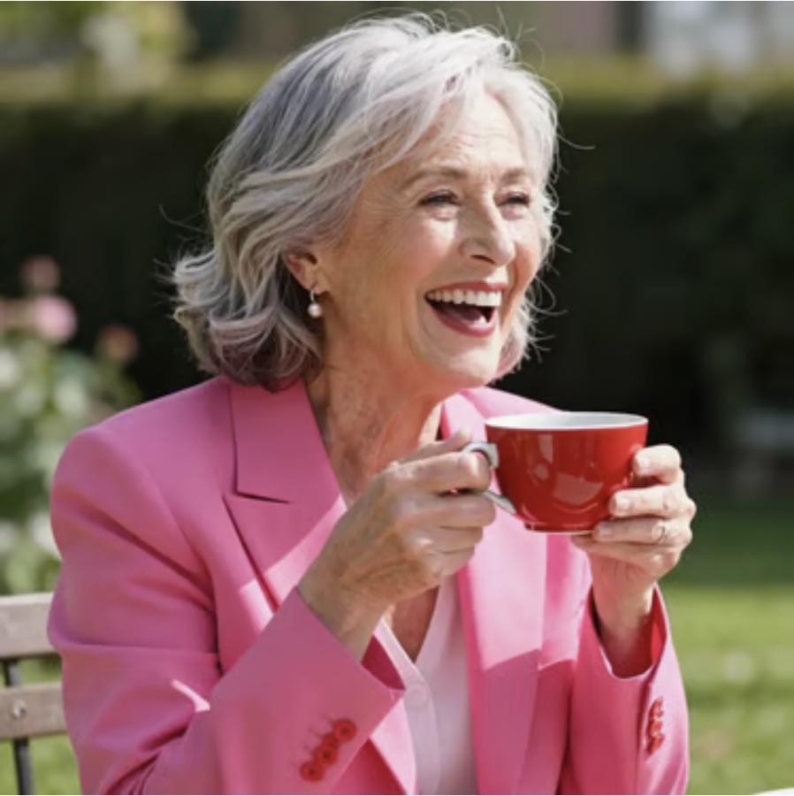 An Aunt laughing in a garden, a red cup in her hand