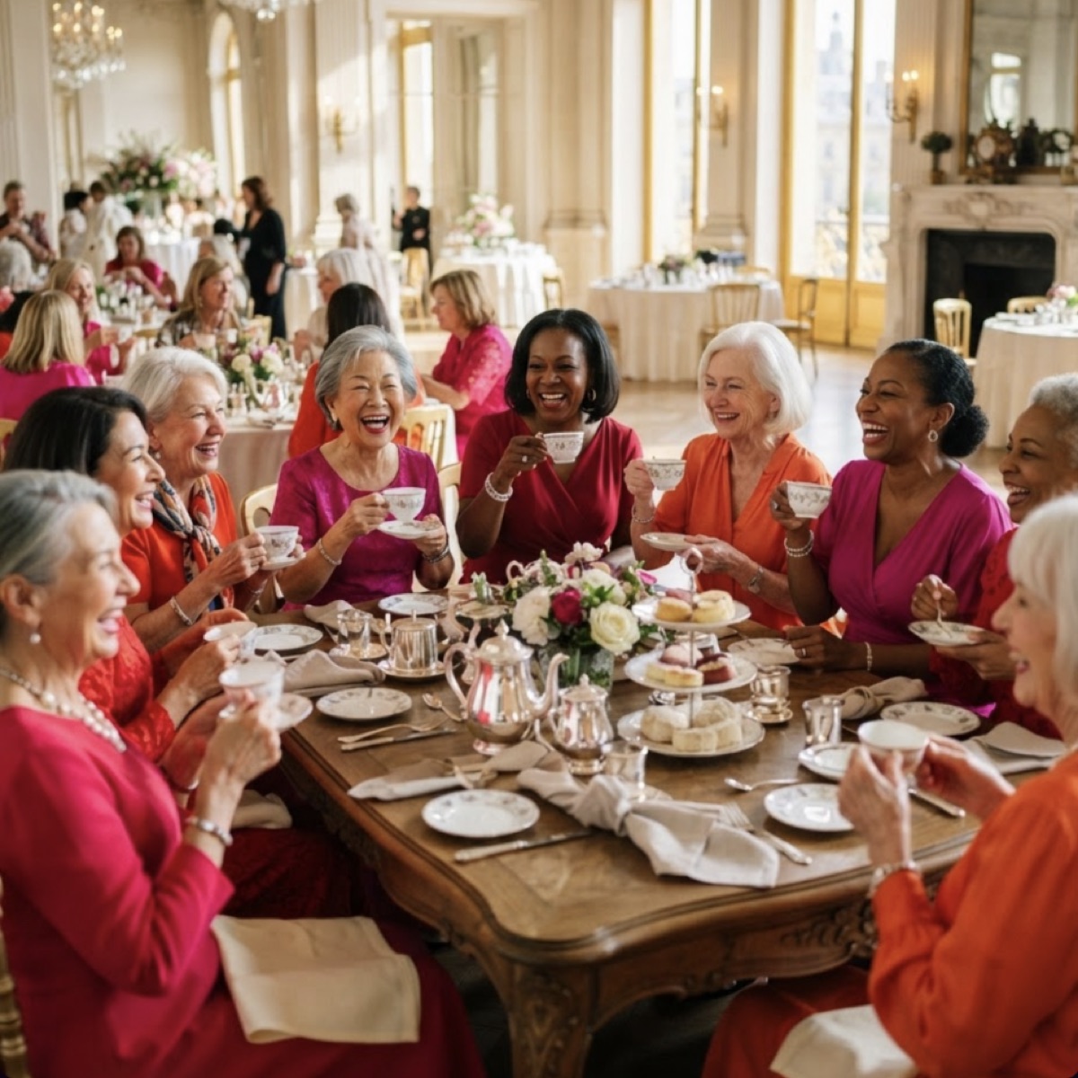 A grand room, a long table, and a room full of women over tea
