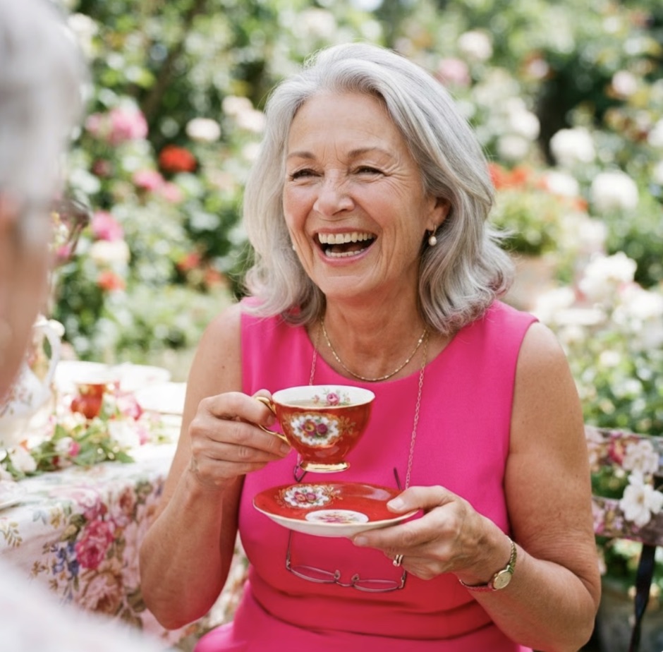 A woman of wisdom laughing in the garden, a cup in her hands